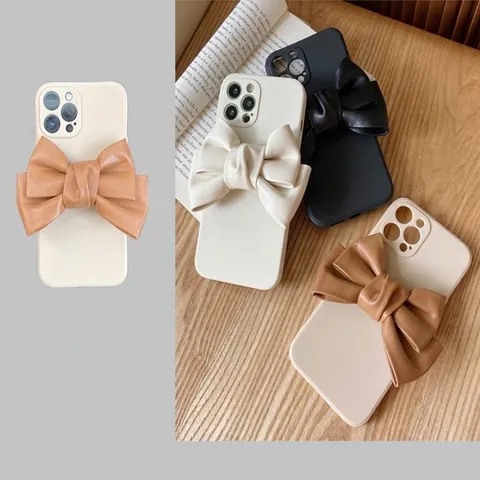Leather Bow Phone Case Solid Color Soft Shockproof Protective Cover Elegant Decorative Accessory For Women Girl