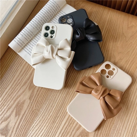 Leather Bow Phone Case Solid Color Soft Shockproof Protective Cover Elegant Decorative Accessory For Women Girl