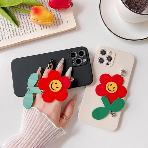 Cute 3D Sunflower Phone Case With Smiley Face Flower Pendant Soft TPU Shockproof Protective Cover Trendy INS Style