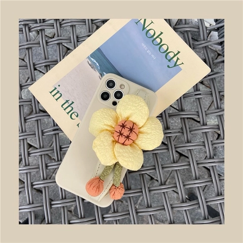 3D Knitted Sunflower Phone Case With Wrist Strap TPU Fabric Protective Shell Cute Aesthetic Shockproof Cover