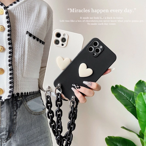 Iphone Hülle 3D Herz Deko Schwarze Acrylkette Tpu Silikon Schutzhülle Für Frauen Ins Style Mode Stoßfest