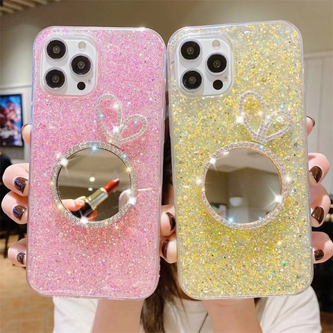 Custodia Per Telefono Con Paillettes E Brillantini Specchio Per Trucco Orecchie Di Coniglio In Strass Protettiva Morbida TPU PC