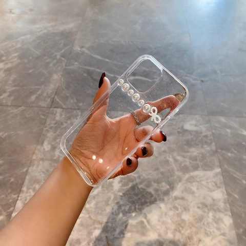 Elegante Glitzer Transparente TPU Smartphone Hülle Mit Künstliche Perlen Kette Und Schleife Schutzhülle Für Damen Luxus Stil
