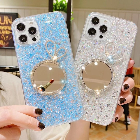 Custodia Per Telefono Con Paillettes E Brillantini Specchio Per Trucco Orecchie Di Coniglio In Strass Protettiva Morbida TPU PC