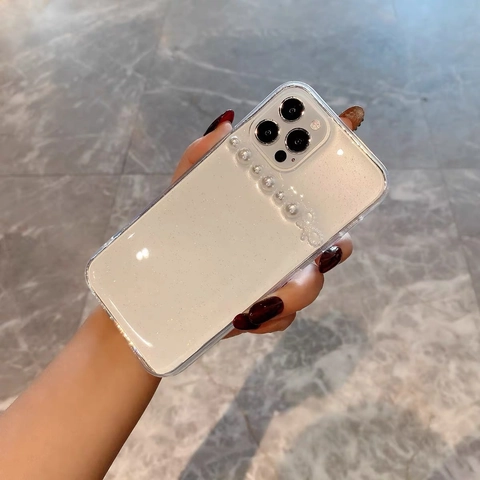 Elegante Glitzer Transparente TPU Smartphone Hülle Mit Künstliche Perlen Kette Und Schleife Schutzhülle Für Damen Luxus Stil