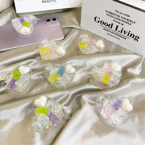 Heart Shaped Phone Grip Expandable Stand Holographic Resin Bear Artificial Pearl Rhinestone Cute Universal Socket For Smartphone