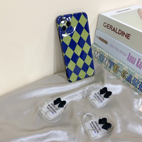 Support Téléphone Forme Cœur Griptok Résine Acrylique Transparente Avec Nœud Noir Et Chaîne Argentée Grip Bureau Rétractable