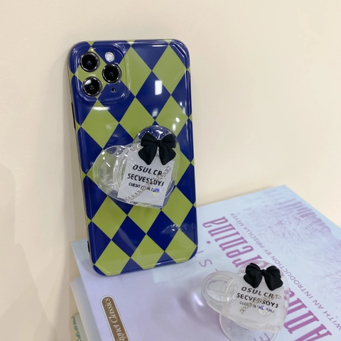 Support Téléphone Forme Cœur Griptok Résine Acrylique Transparente Avec Nœud Noir Et Chaîne Argentée Grip Bureau Rétractable