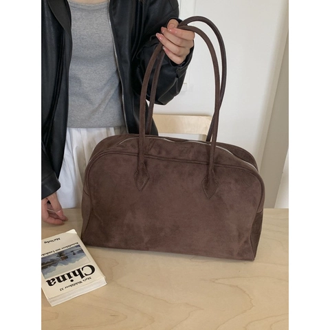 Large Capacity Suede Tote Bag Minimalist Boston Shoulder Handbag For Women Commuting Vintage Solid Color