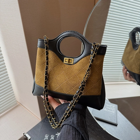 Borsa A Spalla Trapuntata A Rombi Da Donna In Pelle PU Camoscio Patchwork Tote Con Tracolla A Catena E Chiusura Girevole
