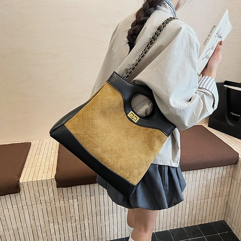 Borsa A Spalla Trapuntata A Rombi Da Donna In Pelle PU Camoscio Patchwork Tote Con Tracolla A Catena E Chiusura Girevole