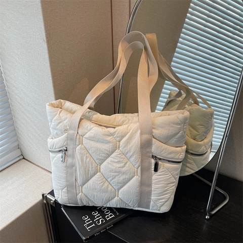 Borsa Tote Imbottita Trapuntata Grande Capacità Motivo Diamantato Nylon Tela Borsa A Spalla Per Donne Quotidiano Casual Urbano