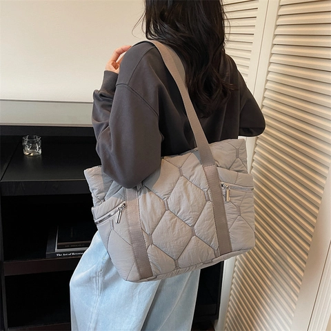 Borsa Tote Imbottita Trapuntata Grande Capacità Motivo Diamantato Nylon Tela Borsa A Spalla Per Donne Quotidiano Casual Urbano