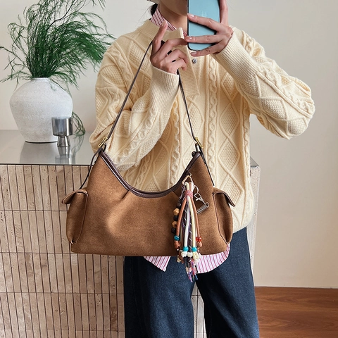 Borsa A Spalla Donna Scamosciata Grande Capacità Borsa Hobo Retro Con Nappa Bohemienne Borsa Sottobraccio Vintage Casual Tote