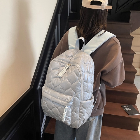 Quilted Puffer Backpack For Women Large Capacity Nylon Diamond Lattice Casual Daypack Urban Minimalist School Bag