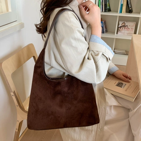 Borsa A Spalla Donna Grande Capacità Scamosciata Sintetica PU Retrò Semplice Minimalista Borsa Hobo Tote Per Uso Quotidiano