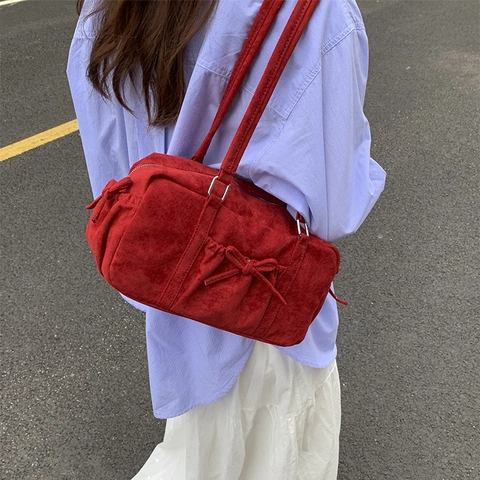Borsa A Spalla In Camoscio Vintage Grande Capacità Decorazione Con Fiocco Borsa Boston Ascellare Moda Casual Retro Per Donne