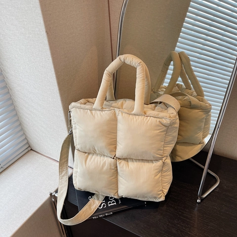 Women Quilted Puffer Tote Bag Large Capacity Padded Nylon Square Handbag With Adjustable Strap For Daily Commute Chic