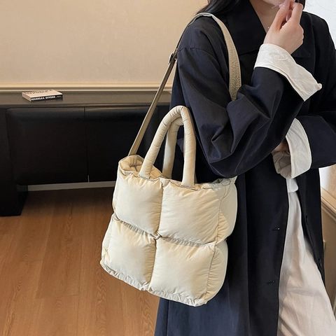 Women Quilted Puffer Tote Bag Large Capacity Padded Nylon Square Handbag With Adjustable Strap For Daily Commute Chic