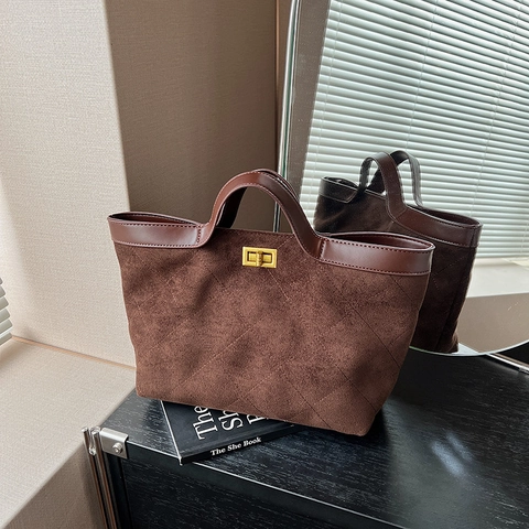 Borsa Tote In Camoscio Trapuntata Vintage Donna Grande Capacità Borsa A Spalla Con Chiusura A Girello Giunzione