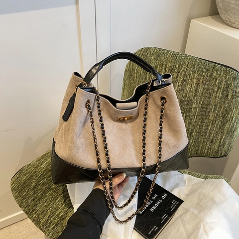 Borsa Tote Trapuntata Donna Diamante Contrasto Scamosciato Pelle PU Catena Borsa Spalla Grande Capacità Retro Vintage