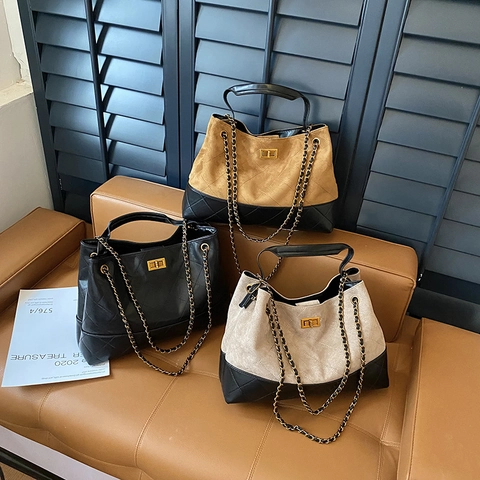 Borsa Tote Trapuntata Donna Diamante Contrasto Scamosciato Pelle PU Catena Borsa Spalla Grande Capacità Retro Vintage