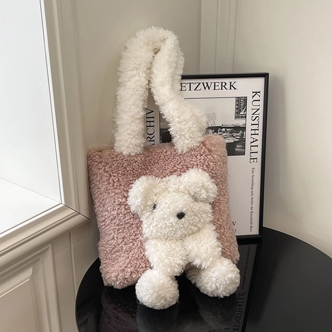 Borsa Tote In Peluche Finta Lana Di Agnello Con Orso 3D Simpatico Cartone Animato Grande Capacità Borsa A Spalla Da Donna Autunno Inverno