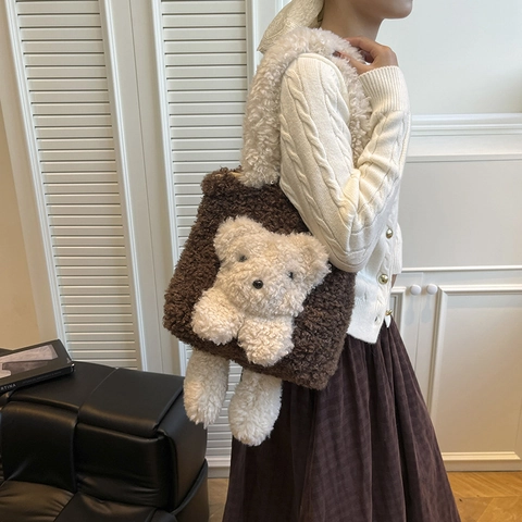 Borsa Tote In Peluche Finta Lana Di Agnello Con Orso 3D Simpatico Cartone Animato Grande Capacità Borsa A Spalla Da Donna Autunno Inverno