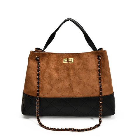 Women Shoulder Bag Quilted PU Suede Chain Strap Large Capacity Vintage Bucket Tote With Twist Lock Color Block