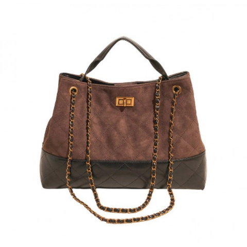 Women Shoulder Bag Quilted PU Suede Chain Strap Large Capacity Vintage Bucket Tote With Twist Lock Color Block