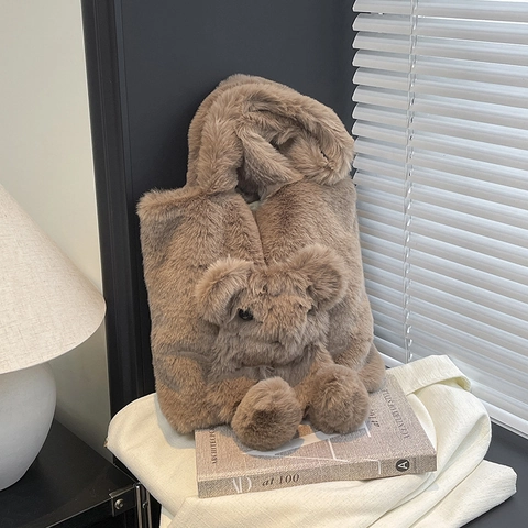 Borsa Tote In Peluche Con Orsacchiotto Decorazione Bambola 3D Grande Capacità Pelliccia Sintetica Inverno Donna