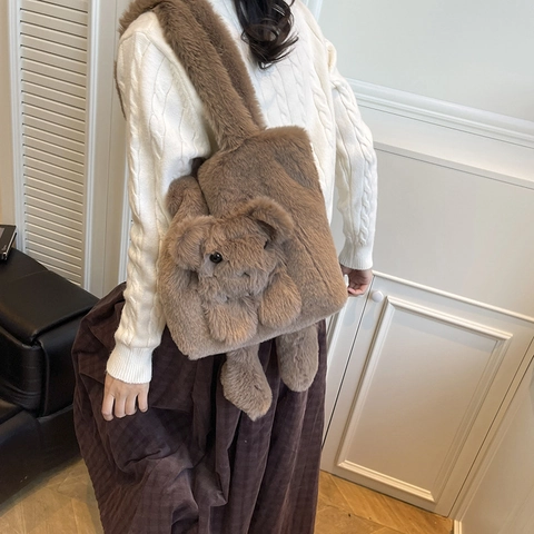 Borsa Tote In Peluche Con Orsacchiotto Decorazione Bambola 3D Grande Capacità Pelliccia Sintetica Inverno Donna