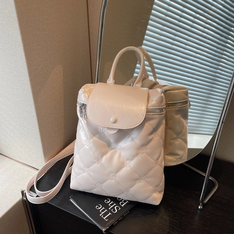 Damen Gesteppter Rucksack Aus PU-Leder Mode Rautenmuster Blumenstickerei Große Kapazität Reiseschultasche