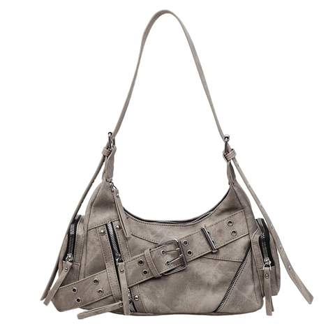 Borsa A Spalla Da Donna Pelle PU Multi Cerniera Fibbia Rivetto Grande Capacità Retro Moto Punk Hobo