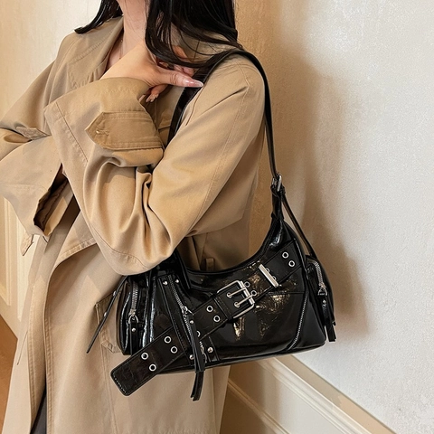 Borsa A Spalla Da Donna Pelle PU Multi Cerniera Fibbia Rivetto Grande Capacità Retro Moto Punk Hobo
