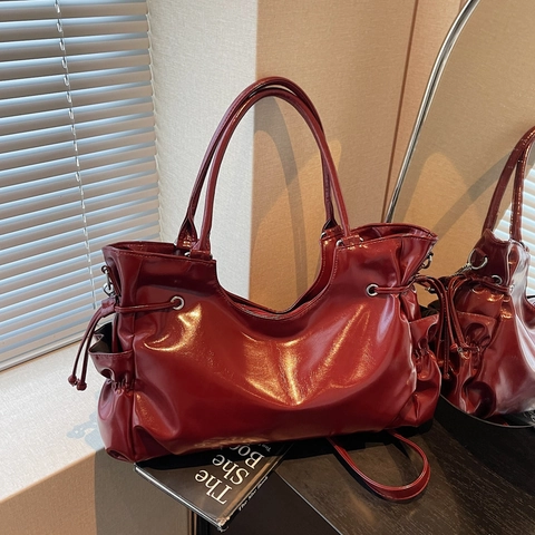 Glossy PU Leather Tote Bag Drawstring Large Capacity Shoulder Messenger Handbag Chic Niche Design Minimalist Women