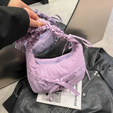 Borsa A Spalla In Nylon Pieghettato Da Donna Tracolla Con Volant Grande Fiocco Mezzaluna Puffy Cloud Casual