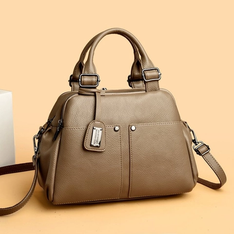 Borsa Boston Donna Motivo Litchi Pelle PU Grande Capacità Manico Superiore Tracolla Borsa A Spalla Multi Scomparto Rivetto Decor