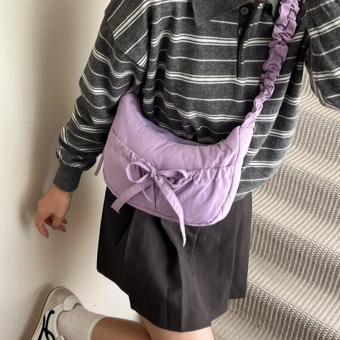 Borsa A Spalla In Nylon Pieghettato Da Donna Tracolla Con Volant Grande Fiocco Mezzaluna Puffy Cloud Casual