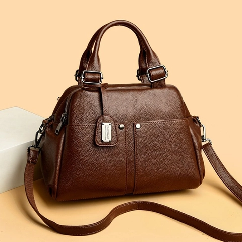 Borsa Boston Donna Motivo Litchi Pelle PU Grande Capacità Manico Superiore Tracolla Borsa A Spalla Multi Scomparto Rivetto Decor
