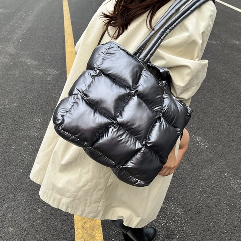 Bolso Tote Acolchado Metálico Gran Capacidad Ligero Bolso De Hombro Acolchado Bolso De Mano Para Mujeres Moda Casual