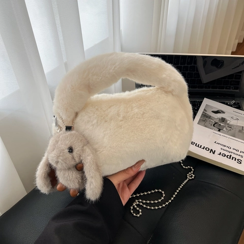 Plüsch Umhängetasche Kunstpelz Handtasche Mit Kaninchen Anhänger Metallkette Süße Mode Winter Für Damen Mädchen