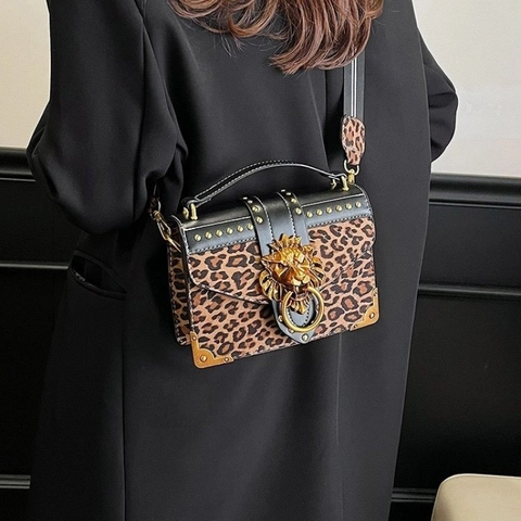 Damen Leopard Wildleder Umhängetasche Vintage Löwenkopf Schnalle Nieten Schulter Handtasche Mit Gestreiftem Riemen