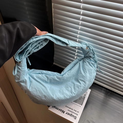 Borsa A Spalla Mezzaluna In Nylon Da Donna Grande Capacità Borsa Hobo Pieghettata Con Coulisse Moda Giapponese