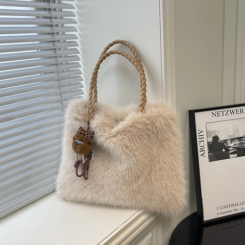 Borsa Tote In Peluche Ecopelliccia Donna Grande Capacità Manico Intrecciato Borsa A Mano Autunno Inverno Tracolla Casual