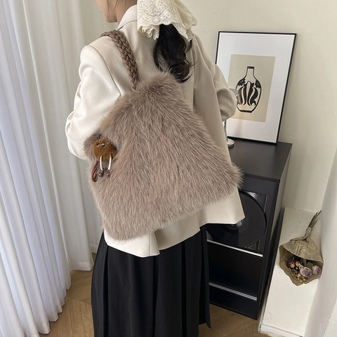 Borsa Tote In Peluche Ecopelliccia Donna Grande Capacità Manico Intrecciato Borsa A Mano Autunno Inverno Tracolla Casual