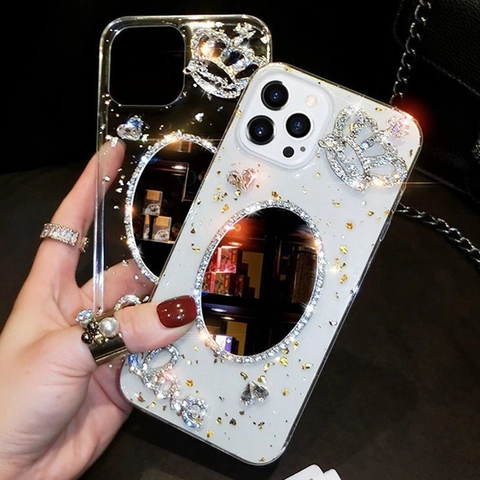 Luxus Strass Krone Spiegel Handyhülle Für iPhone 16 15 14 13 12 11 Pro Max Glitzer Goldfolie Bling TPU Hülle
