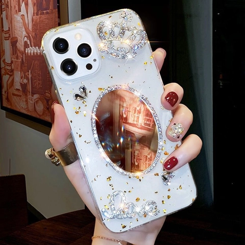 Luxus Strass Krone Spiegel Handyhülle Für iPhone 16 15 14 13 12 11 Pro Max Glitzer Goldfolie Bling TPU Hülle