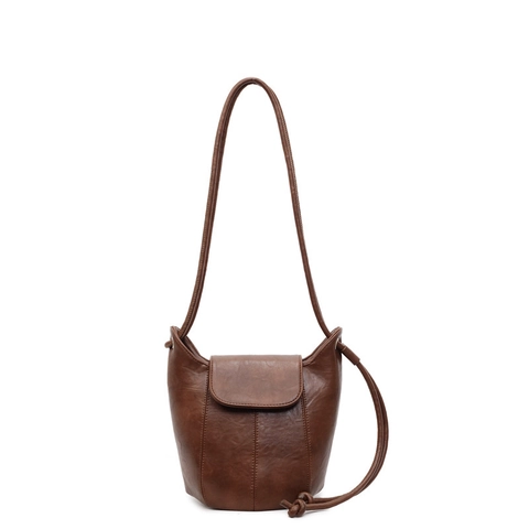 Vintage PU Leather Bucket Bag For Women Minimalist Flap Crossbody Shoulder Purse Daily Fashion Solid Color Handbag