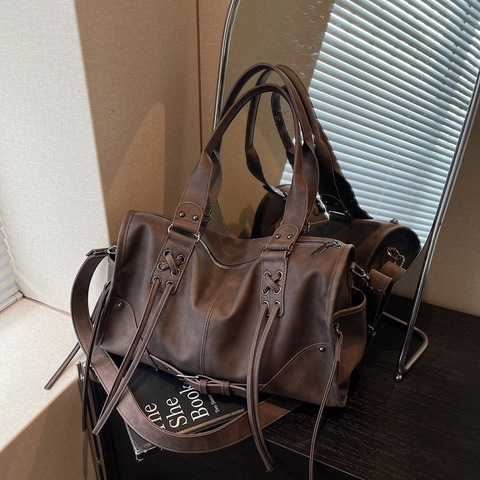 Wasteland Style Schultertasche PU Leder Große Kapazität Motorrad Fransen Handtasche Retro Mode Für Damen
